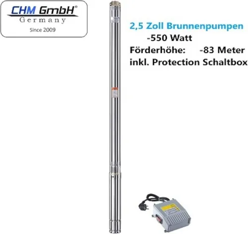 CHM GmbH® Brunnenpumpe 2,5 Zoll 550 Watt - Wasserpumpen mit 8,2 Bar Druck und 2700 L/h Förderleistung, ideal für sandresistente Anwendungen bis 5 %. Robustes Edelstahlgehäuse und integriertes Rückschlagventil für zuverlässigen Betrieb!