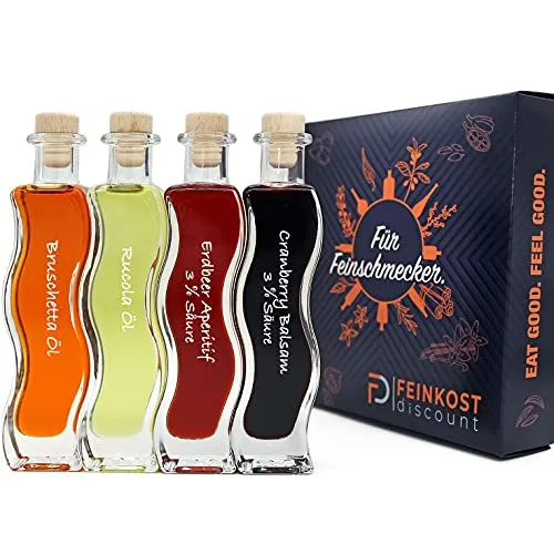 Geschenkbox Präsentbox | Männer und Frauen | 2 x 100 ml Öl & 2 x 100 ml Essig | Erdbeer Essig 3% Säure - Cranberry Essig 3% Säure - Rucola Öl - Bruschetta Öl, Geschenkkorb | Feinkost Set …