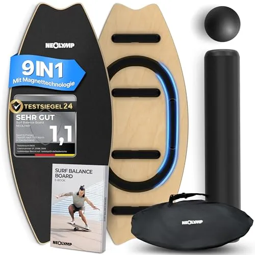 NEOLYMP Balance Board Holz – Gleichgewichtstrainer für Erwachsene & Kinder – rutschfest & bis 210 kg belastbar – 7 Schwierigkeitsstufen – Magnetisch einstellbar – Surfboard Wackelbrett