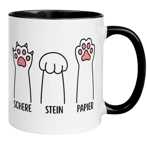 Produktbild Katzen Tasse | Schere Stein Papier | Lustige Katzen Geschenk Kaffeetasse mit Spruch | Witziges Katzen Geschenk für Büro Arbeit Geburtstag | Becher für Frauen Männer Jungs Mädchen Katzenfreunde