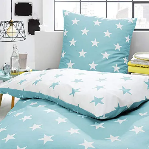 Trend Bettwäsche Sterne Türkis Weiß Stars Wendeoptik Perkal Größe: 155 cm x 220 cm