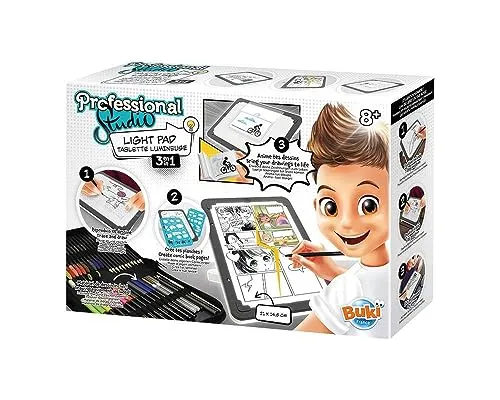 Buki France 5432 Professional Studio Leuchttablet 3 in 1 - Malen nach Zahlen und mehr! Das vielseitige Leuchttablett bietet Funktionen für Zeichnen, Comicgestaltung und Daumenkino, inklusive umfangreichem Zubehör für kreative Köpfe ab 8 Jahren.
