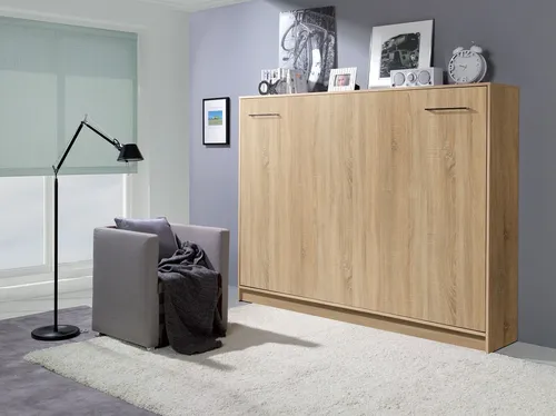 QMM TraumMöbel Schrankbett Eiche 140x200 cm – Funktional und Modern - Praktisches Schrankbett in Eiche Sonoma, ideal für kleine Räume. Mit einem speziellen 9-Federn-System für müheloses Aufstellen und Sicherung gegen ungewolltes Fallen. Maximale Belastbarkeit: 200 kg.