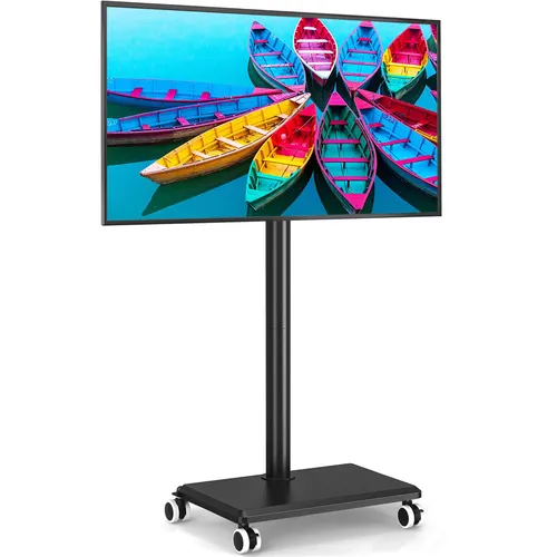 5Rcom TV-Ständer mit Rollen und Holzablage für 27-55 Zoll Fernseher - Mobiler TV-Ständer für flache und gebogene TVs, mit verstellbaren Höhen und ±35° Schwenkfunktion. Integriertes Kabelmanagement und Sicherheitssperre sorgen für Ordnung und Sicherheit.