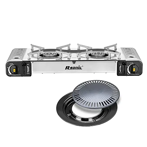 Mianova Campingkocher Doppel Gaskocher 2 flammiger Shisha Anzünder Grill Notfallkocher Kühltasche Gaskartuschen Gas Kocher Set Silber Grillplatte