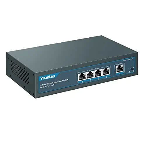 YuanLey 5 Port Gigabit PoE Switch with 4 Port PoE, 802.3af/at 78W Eingebaute Leistung, Lüfterloses, Nicht Verwaltetes Plug & Play