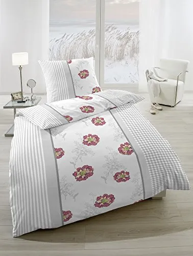Hahn Feinbiber Bettwäsche Blumen Muster Grau 135x200 cm + 80x80 cm