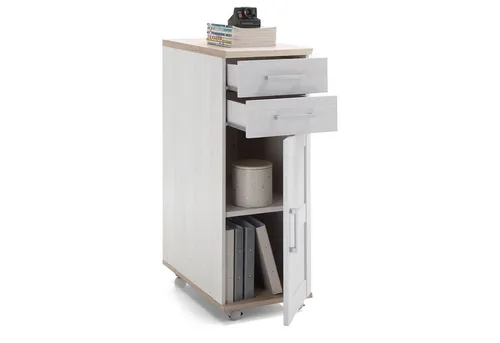 Bega Consult Rollcontainer Romance Sibiu Lärche San Remo - Stylischer Rollcontainer für Büro und Zuhause, mit praktischem Stauraum dank 1 Tür und 2 Schubkästen. Robuste Melaminbeschichtung in Sibiu Lärche und San Remo hell für ein modernes Design.