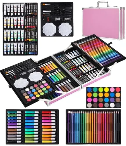 SOBEAU 144-teilig Malset, Malkoffer Kunstset, Zeichenstifte Professionell Set mit Buntstifte, Wasserfarben, Ölpastellfarbe, Farben und Kohlebleistiften, Geschenk für Familie und Freunde, Rosa