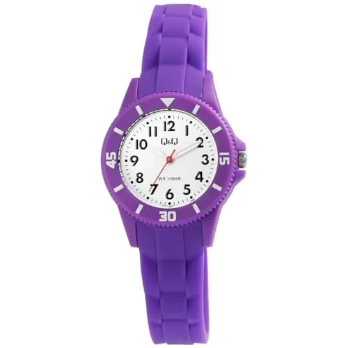 Q&Q Kinder-Uhr Lernuhr Silikon 10 Bar Analog Quarz V26A-00XVY (lila) - Bunte Lernuhr für Kinder mit Silikonarmband und 10 Bar Wasserdichtigkeit. Ideal für den täglichen Gebrauch und spielerisches Zeitlernen. Perfekt für kleine Abenteurer! Es wird keine medizinische Wirkung suggeriert.