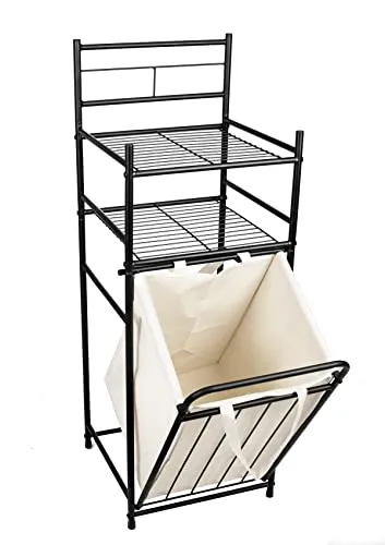 Sendez Badregal mit Wäschekorb aus Metall - Praktischer Wäschesammler - Wäschekörbe mit modernem Design und herausnehmbarem Wäschesack, ideal für Badezimmer. Zwei Ablagen bieten optimalen Stauraum für Handtücher und Kosmetik.