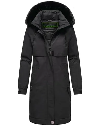 Navahoo Damen Mantel lange warme Winterjacke mit Kunstfell und Kapuze (beides abnehmbar) Kaltwetterretter 14 Black Gr. 6XL