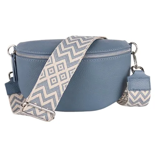 MIRROSI® Bauchtasche Damen, Echtleder, Made in Italy, Umhängetasche, Brusttasche, Crossbody Bag (1 Tasche & 2 Gurte) (Jeansblau (BOHE Jeansblau Beige), Große Tasche (28x18x9cm))