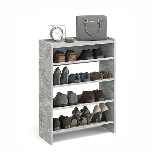 KOMTO Schuhregal Schmal - Elexis Beton 60 x 25 x 80 cm - Platzsparende Schuhablage mit 4 Ebenen und Regal für zusätzliche Aufbewahrung, ideal für kleine Flure. Pflegeleichte Oberfläche und einfache Montage dank Videoanleitungen.