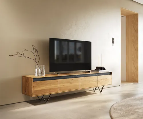 DELIFE Designer-Lowboard Stonegrace 200 cm Eiche Natur mit 4 Schüben - Modernes Lowboard aus Eiche Natur mit eleganten Steinfurnier-Akzenten und vier geräumigen Schubladen. Ideal für stilvolle Unterhaltungselektronik und praktischen Stauraum.