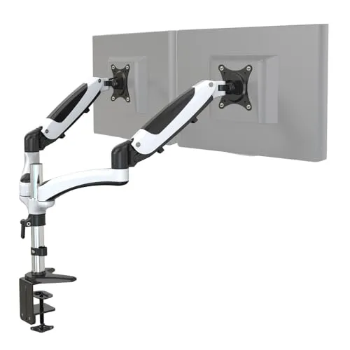 hjh OFFICE Monitorhalterung 2-Arm VM-MG2 Alu Weiß/Schwarz - Monitorarm für 2 Bildschirme (15-27 Zoll), belastbar bis 8 kg pro Arm; flexibles Design mit Gasfeder-Technologie für optimale Anpassung und integriertes Kabelmanagement.