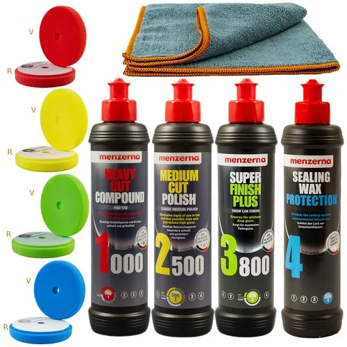 Menzerna Auto Politur Set 1000 2500 3800 - Komplettset mit 4 Polierschwämmen - Autopflege & Motorradpflege, enthält hochwertige Polituren und Wachs für perfekten Glanz, inkl. 4 Polierschwämme für optimale Anwendung.