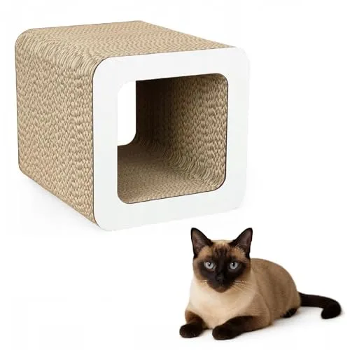 QLS Katzenmöbel aus Wellpappe – 37×30×30 cm – Kratzbrett, Katzenhöhle, Liegeplatz mit Katzenspielzeug & Katzenminze (Weiß)