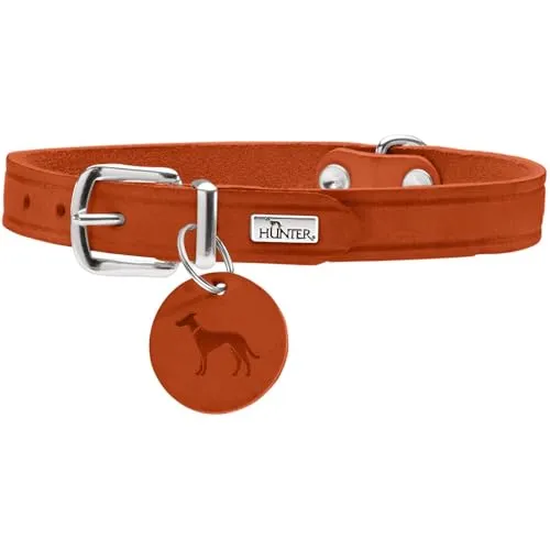 HUNTER Hundehalsband Aalborg, Farbe: orange, Robustes & strapazierfähiges Leder, Starke Fettung, ideal für Hundesport & Alltag, mit Lederanhänger, Made in Germany, Größe: 32