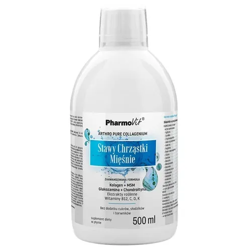 Pharmovit Gelenke Knorpel Muskeln ZF 500 ml - Innovatives flüssiges Nahrungsergänzungsmittel mit hochreinem Wasser, hydrolysiertem Kollagen und Hyaluronsäure für gesunde Gelenke und Muskeln. Ideal für aktive Menschen, die ihre Mobilität unterstützen möchten.