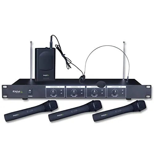 Ibiza VHF4 Drahtloses Mikrofonsystem - Mikrofone: 4-Kanal-VHF-Set mit 3 Handmikrofonen und 1 Kopfbügelmikrofon für flexibles Sprechen und Singen. Ideal für Präsentationen, Karaoke und Reden, ermöglicht es Ihnen, sich frei zu bewegen.