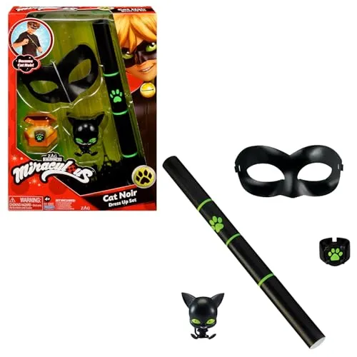 Bandai Miraculous Ladybug Cat Noir Verwandlungsset - Kostüme für Kinder - Offizielles Miraculous-Kostümset mit Maske, Stab und Kwami Plagg für fantasievolles Spielen und Nachstellen von Lieblingsszenen.