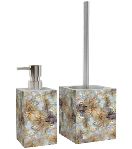 Sanilo Badaccessoire-Set Marmor Braun, 2-teilig - Modernes Bad-Accessoires Set mit WC-Bürste und Seifenspender, rostfreie Materialien und auswechselbare Bürstenköpfe für optimale Hygiene und individuelle Gestaltung.