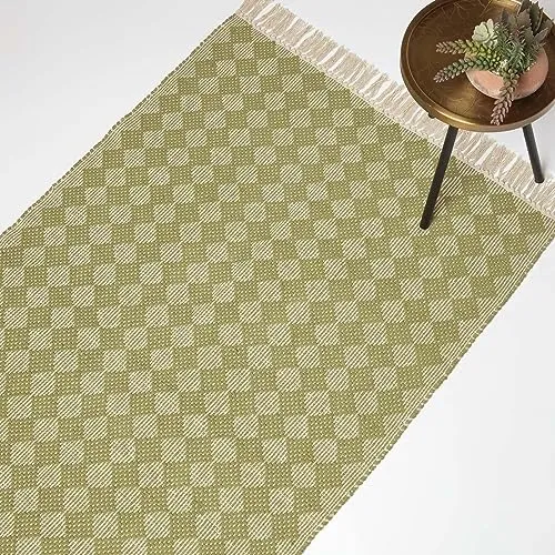 Produktbild Homescapes Teppich Webteppich Lima 90 x 150 cm – Attraktiver Baumwollteppich mit Rautenmuster in Grün