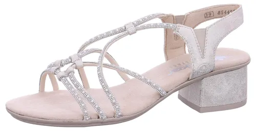 Rieker Sandalette Plateausandale silberfarben 39 EU - Elegante silberfarbene Sandalette in Größe 39 EU mit 5 cm Absatzhöhe. Ideal für stilvolle Auftritte, bietet Komfort und ein ansprechendes Design für jeden Anlass.