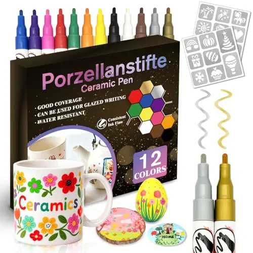 CAwished 12 Farben Keramik Bemalen Set – Porzellanstifte Spülmaschinenfest Inklusive Kreativen Graffiti-Schablonen Für Porzellan, Keramik & Glas