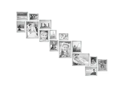 PHOTOLINI Bilderrahmen Set No.2 – 15 Stück in verschiedenen Formaten - Gestalten Sie Ihre individuelle Bilderwand mit diesem 15er Set in Silber. Die modernen Wechselrahmen aus MDF und das praktische Zubehör ermöglichen kreative Arrangements für Fotos und Erinnerungsstücke.