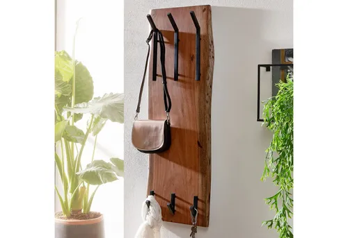 FINEBUY Garderobenpaneel FB66538 - Akazie Massivholz & Metall - Garderobenpaneel aus handgefertigtem Akazienholz mit stabilen Eisenhaken, ideal für Familienflure und platzsparend. Perfekt für Mäntel, Schals und Kinderbekleidung!