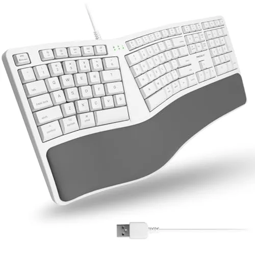 Macally MERGOKEY: Ergonomische USB-A-Tastatur mit Handballenauflage - Ergonomische Tastatur im US-Layout mit 110 Softkey Tasten und 21 praktischen Mac-Tastenkürzeln für komfortables Tippen und effiziente Steuerung.