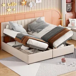 Beige Stauraumbett mit Lattenrost und höhenverstellbarem Kopfteil, 180x200 cm - Praktisches Stauraumbett mit Bettkasten und höhenverstellbarem Kopfteil. Ideal für individuellen Komfort und optimalen Platz. Massivholz und MDF sorgen für Stabilität und modernes Design.