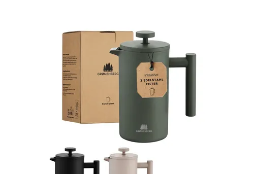 GRØNENBERG French Press Kanne 0,6 oder 1 Liter l Edelstahl Kaffeebereiter mit Thermo Effekt, 1l Kaffeekanne, Kaffeepresse inkl. 3 Ersatz-Filter