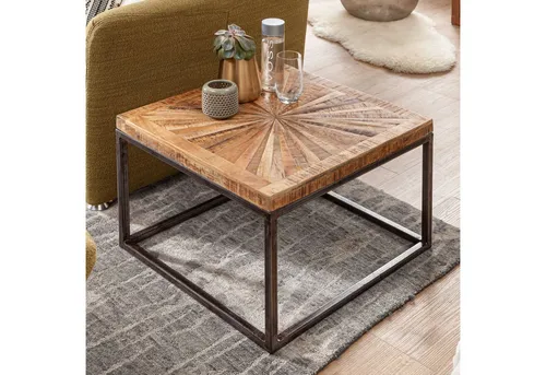 FINEBUY Couchtisch FB54908 aus Mango Massivholz - Quadratischer Wohnzimmertisch mit modernem Industrial Style, handgefertigt aus hochwertigem Mangoholz und stabilen Metallgestell – ideal für gemütliche Abende.