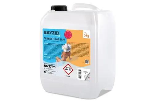 BAYZID 5 kg pH Minus flüssig 14,9% - Effektiver pH Senker für Pools, schnell wirksam und kinderfreundlich durch Sicherheitsverschluss. Ideal zur optimalen pH-Wert-Regulierung zwischen 7,0 und 7,4.