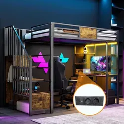 okwish Hochbett 90x200 Metallbett mit LED-Beleuchtung,Jugendbett mit Kleiderstange und Ablagefächern,Kinderbett Einzelbett mit Schreibtisch,Schwar... - Schwarz