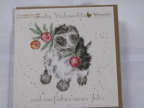 Wrendale Designs Klappkarte Grußkarte Weihnachten Hund mit Zweig und Kugeln