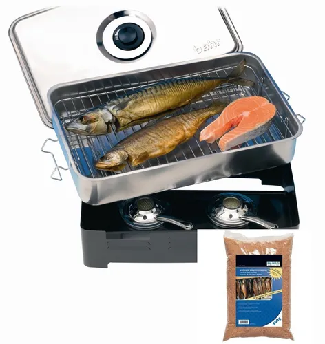 Behr Edelstahl-Tischräucher-Ofen mit Buchen-Räuchermehl - Räucheröfen & -utensilien, robuster Edelstahl-Tischräucherofen für aromatisches Räuchern von Fisch und Fleisch, inklusive hochwertigem Buchen-Räuchermehl.