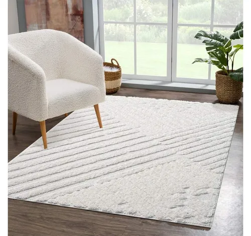 carpet city Teppich Wohnzimmer Hochflor Creme 140x200 cm - 3D-Effekt - Teppich im Boho-Stil mit kuschelig-weichem Flor und stilvollem Hochtief-Muster, ideal für Wohnzimmer und Schlafzimmer. Strapazierfähig und pflegeleicht, geeignet für Fußbodenheizung.