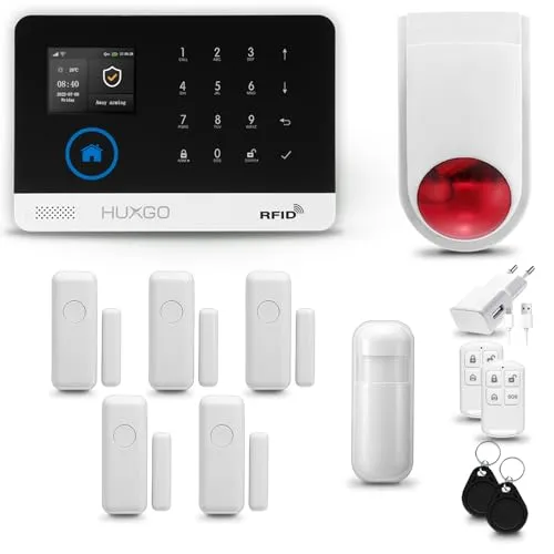 HUXGO® HXA003 Funk Alarmanlage Set WiFi + GSM mit Alarmsirene | Alarm System mit Bewegungsmelder, 5X Fensteralarm/Türsensoren | Alarmanlage fürs Haus, Wohnung, Wohnmobil | Smart Home