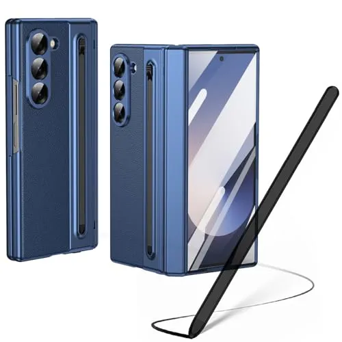 Hülle für Galaxy Z Fold6 mit Stylus Pen, Z Fold 6 Cover mit Displayschutzfolie vorne + S Pen-Steckplatz, Lederhülle für Samsung Galaxy Z Fold6 mit Scharnierschutz-Blau