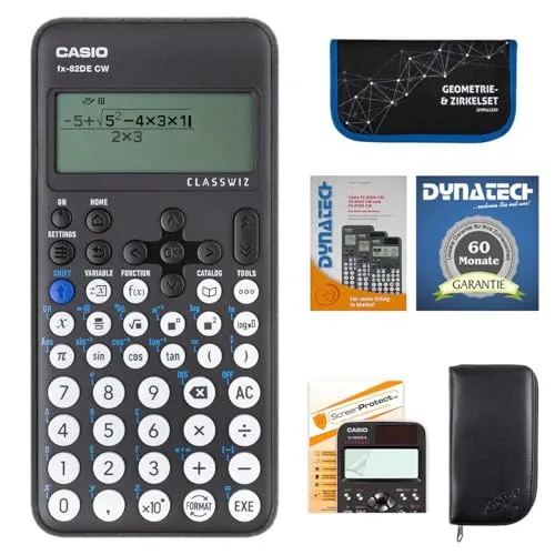 Casio FX-82 DE CW mit schwarzer Tasche, Zirkelset blau,Displayfolie,Buch,Garantie