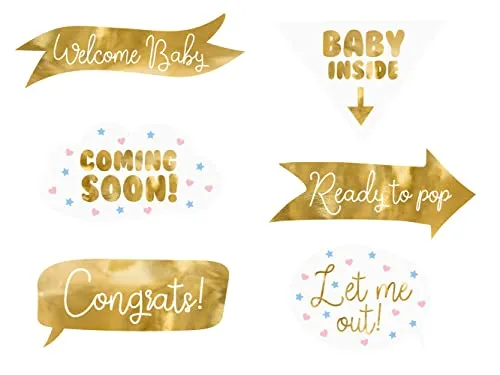 PartyDeco Fotobox Requisiten für Babyparty 6er Set Foto Zubehör Accessoires Utensilien Fotospiel weiß Gold