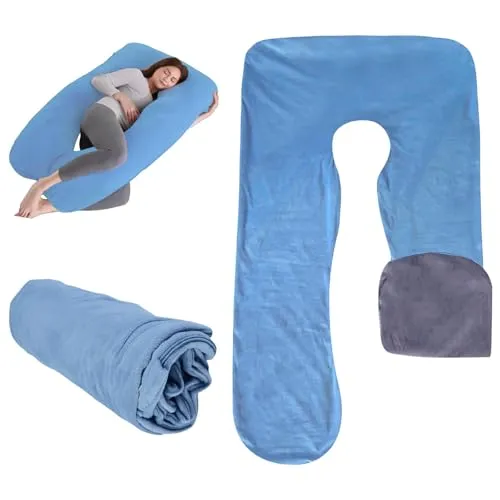 WIYETY Schwangerschaftskissenbezug U-Förmiger Kissenbezug: Abnehmbarer Baumwolle U Form Mutterschaft Kissenbezug, Ersatzbezug für Erwachsene Stillkissen, Maschinenwaschbar, 140 x 80 cm, Blau + Grau
