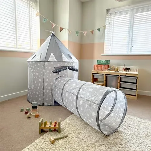 Relsy Graues Pop-Up-Zelt für Kinder, Graues Spielzelt mit Tunnel, Schloss-Spielzelt & 180cm Spieltunnel-Kombination, 135 X 100cm