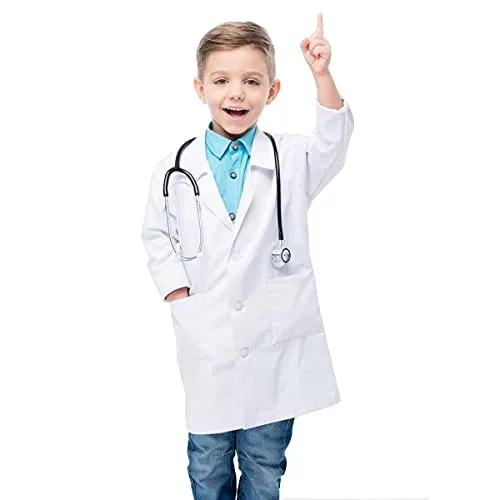 Waflyer Kinder Arztkitel Laborkitel Unisex Weiß Kostüm Baumwolle Schutzkleidung mit knöpfen und Tasche Junge Mädchen Langarm Laborkitel Medizin Uniform für Arbeit, Studium,Labor-L