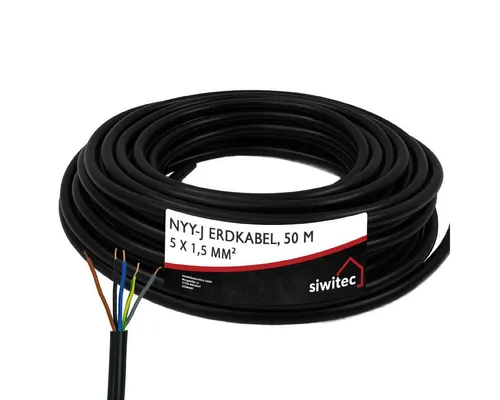siwitec NYY-Kabel 5 x 1,5 mm², 50 m - UV-beständig - Hochwertiges siwitec NYY-Kabel für den Außenbereich. UV-beständig und geeignet für die Verlegung in Erde, Beton und Wasser. Ideal für zuverlässige Stromversorgung im Freien.