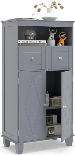 COSTWAY Badezimmerschrank mit 2 Türen & 2 Schubladen, Grau - Vielseitiger Badezimmerschrank mit großzügigem Stauraum und verstellbarem Regal. Ideal für Ordnung in Bad, Wohnzimmer oder Flur. Stabil und sicher durch Kippschutzvorrichtungen.